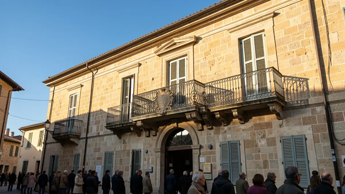 Generic image of a Mediterranean town hall facade with a balcony and iron railings, afternoon light.