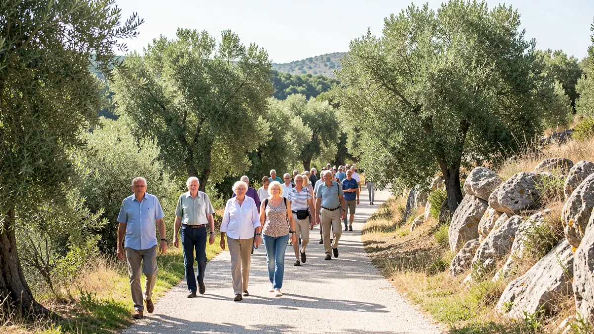 Imagen genérica de personas caminando por un entorno natural mediterráneo.
