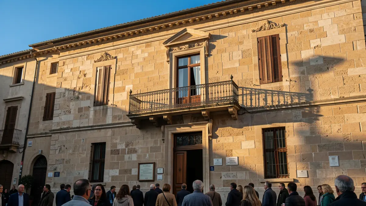 Imagen genérica de la fachada de un ayuntamiento mediterráneo con balcón y barandillas de hierro, iluminada por la luz cálida de la tarde.