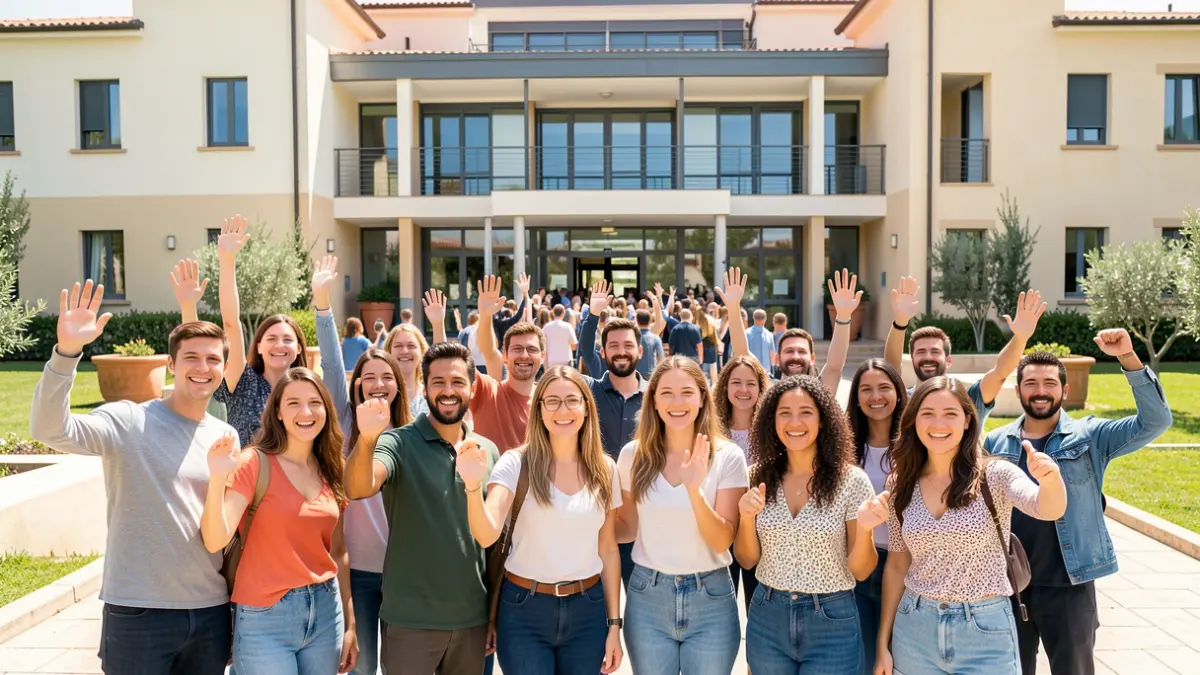 Imagen genérica de niños y jóvenes delante de un centro educativo.