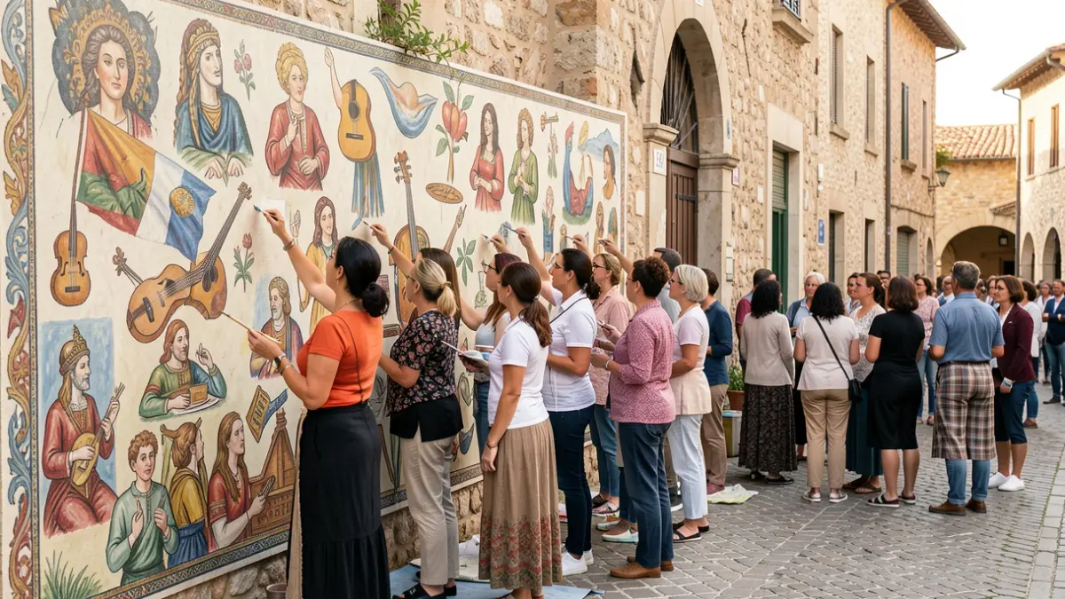 Imatge genèrica de dones de diverses nacionalitats europees pintant un mural col·lectiu.