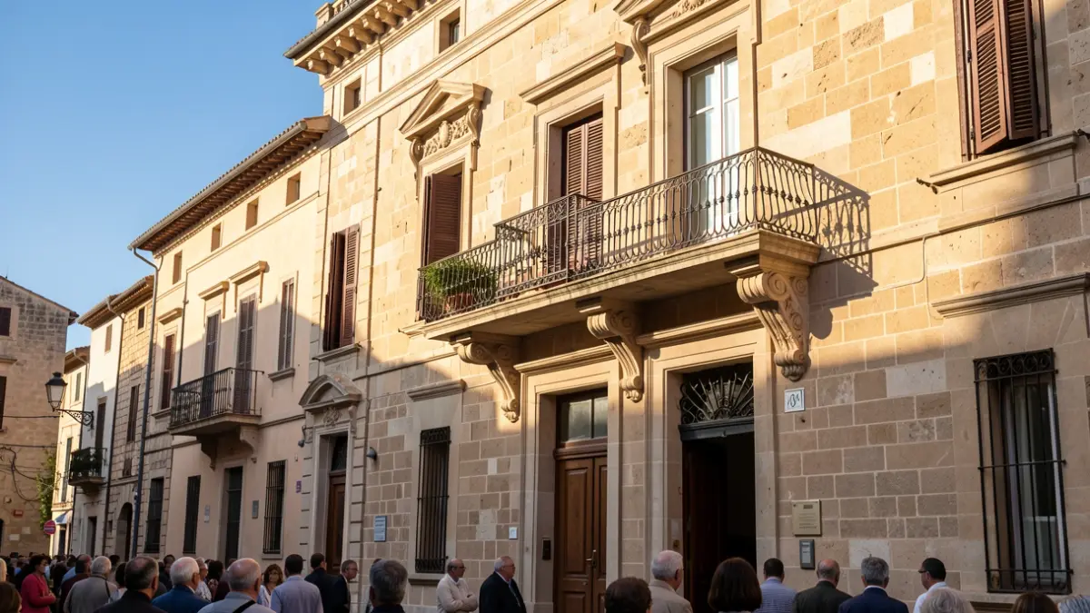 Generic image of a Mediterranean town hall facade with a balcony and iron railings, illuminated by warm afternoon light.