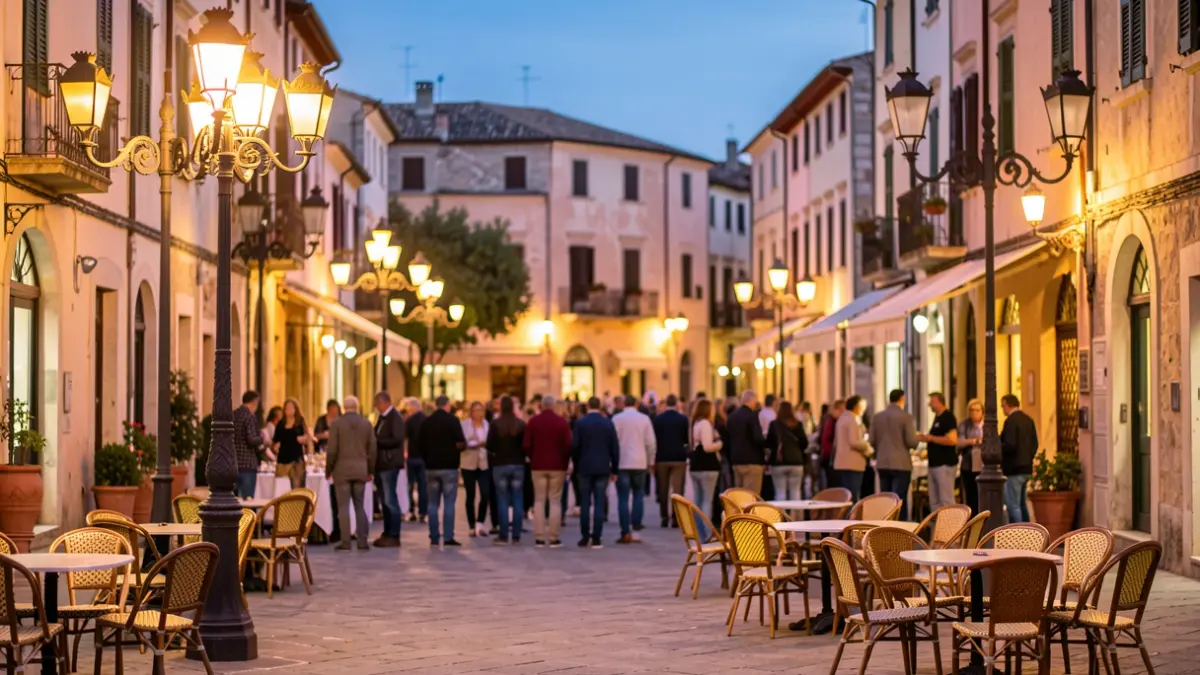 Imatge genèrica d'una plaça de poble mediterrani il·luminada al vespre.