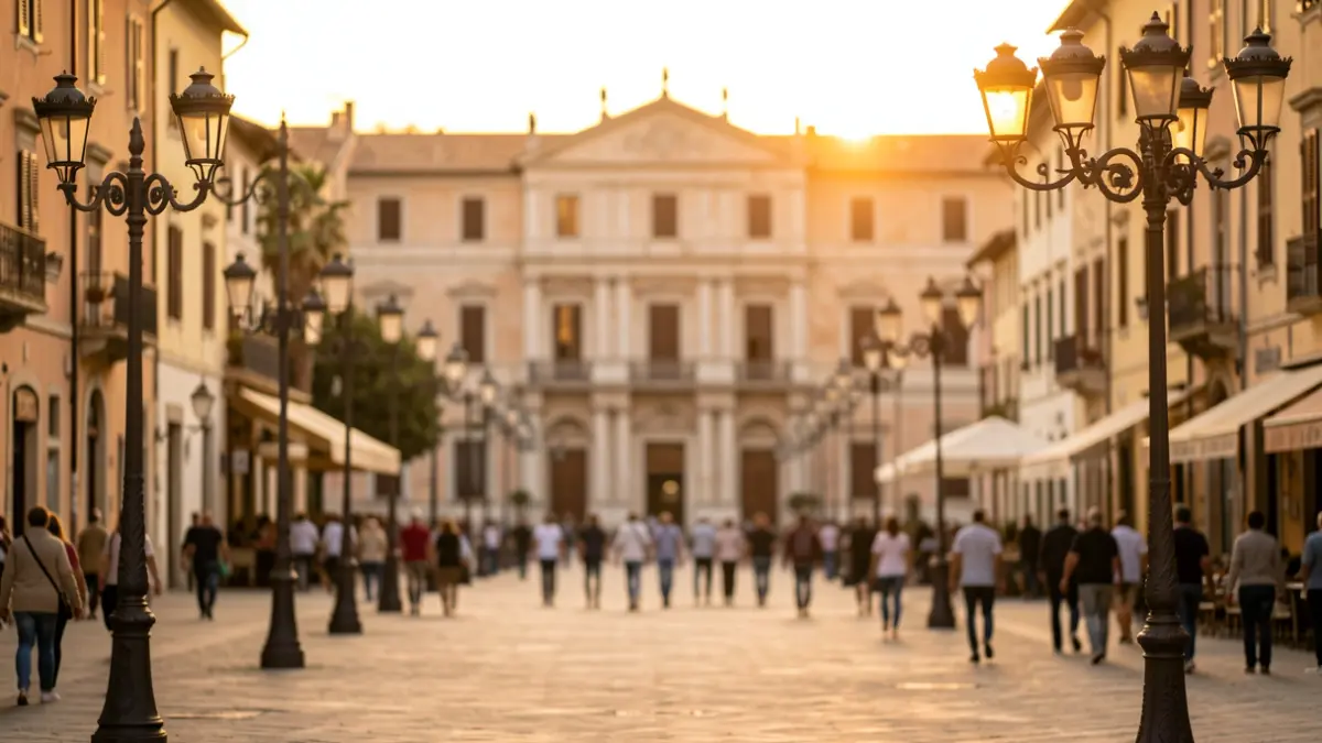 Imagen genérica de una plaza en un municipio mediterráneo durante el atardecer.