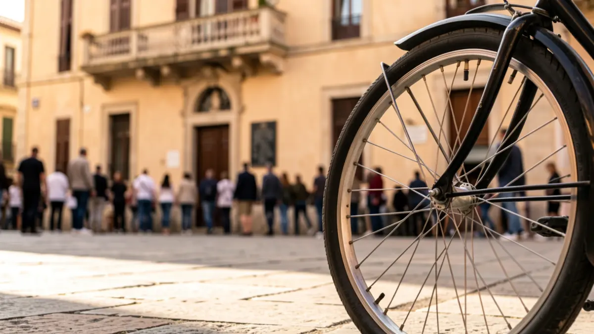 Imatge d'una bicicleta aparcada davant d'un edifici municipal amb llum de vesprada.