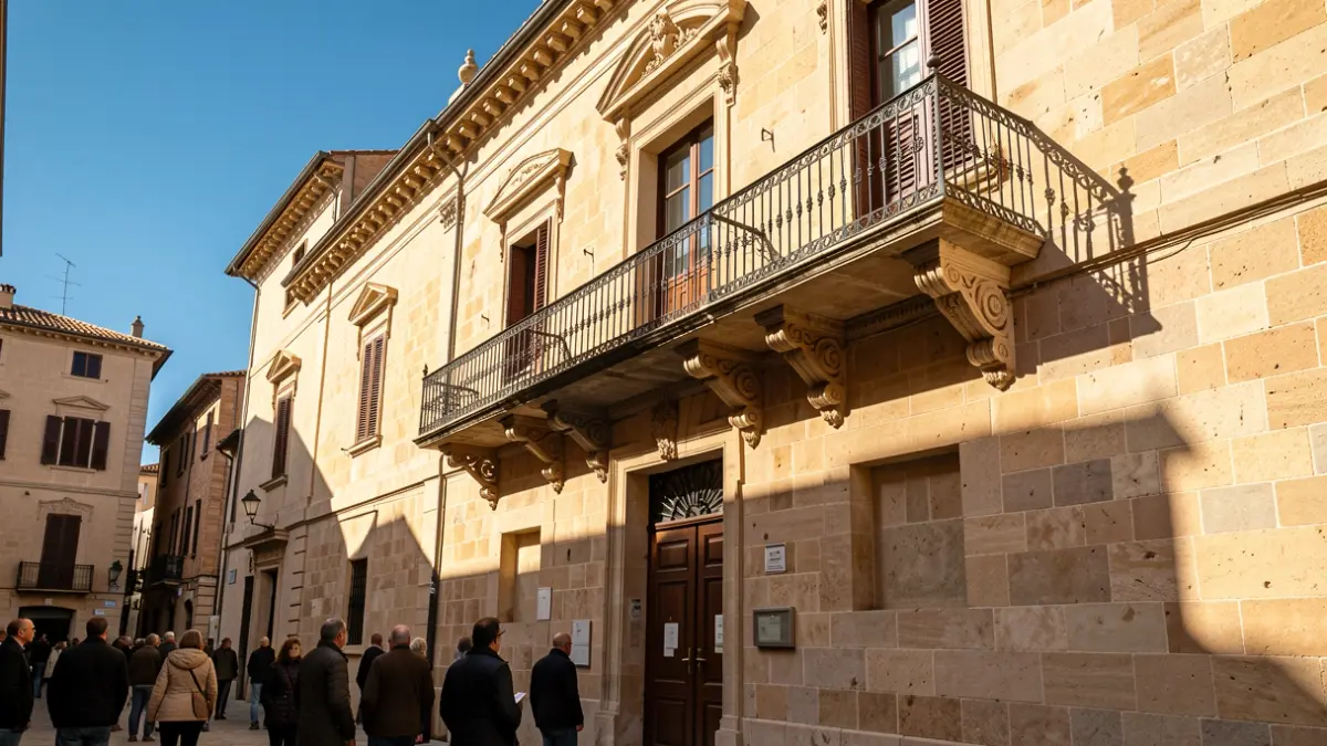Imagen genérica de la fachada de un ayuntamiento mediterráneo con balcón y barandillas de hierro, iluminada por la luz cálida de la tarde.