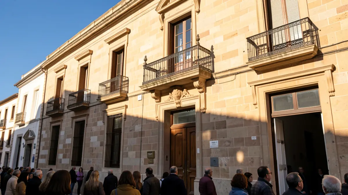 Imatge genèrica de la façana d'un edifici oficial amb balcó i barandat de ferro, il·luminada pel sol de la vesprada.
