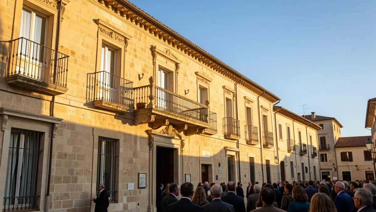 Fachada de un ayuntamiento mediterráneo con balcón y barandillas de hierro, iluminada por el sol de la tarde.