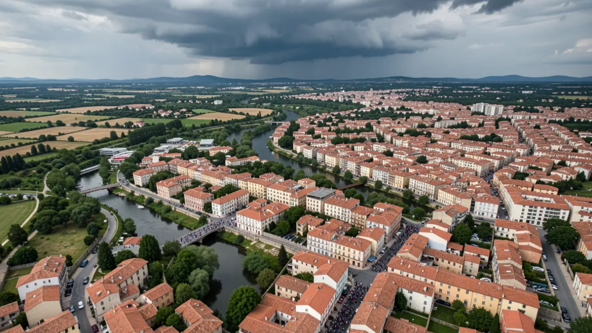 Generic aerial view of a Mediterranean municipality with storm clouds in the distance.