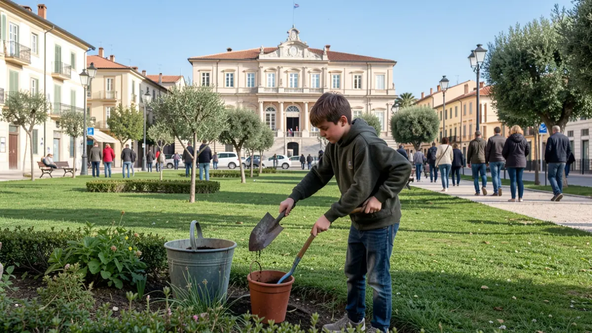 Imagen genérica de un joven trabajando en jardinería municipal con el Ayuntamiento al fondo.