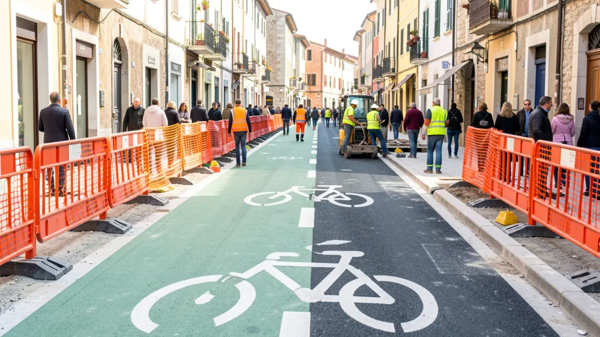 Obres en una avinguda de Borriana amb nou carril bici i barreres de seguretat.