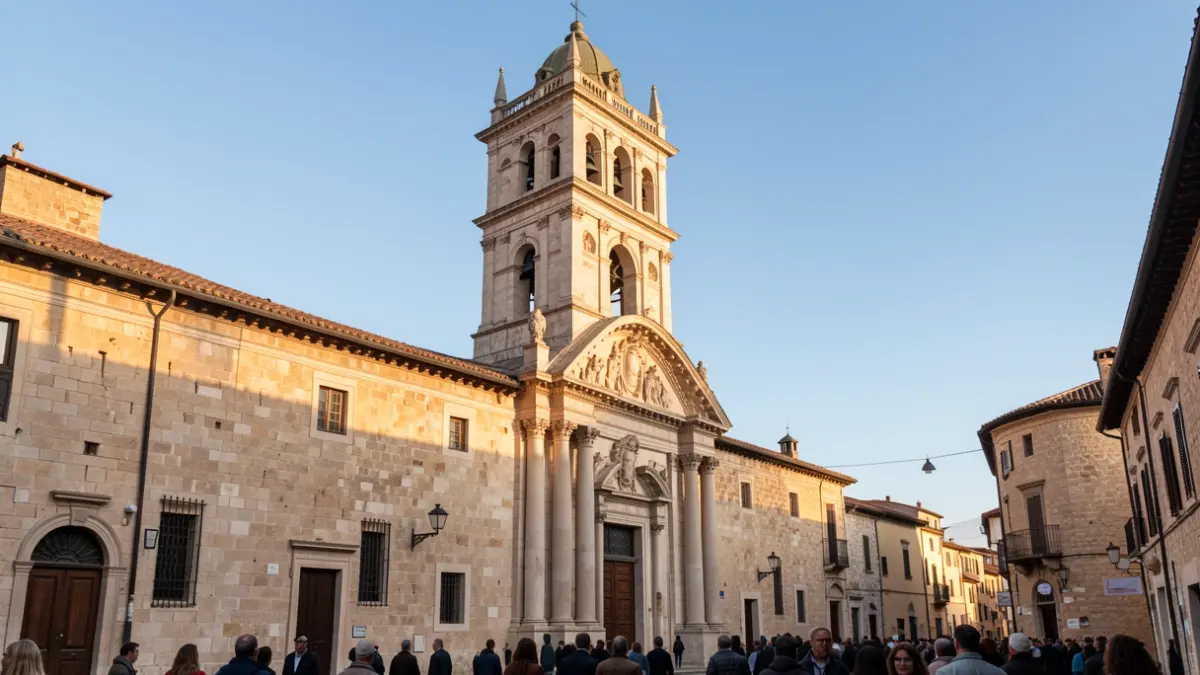 Stone facade of a historic bell tower with architectural details under sunlight.