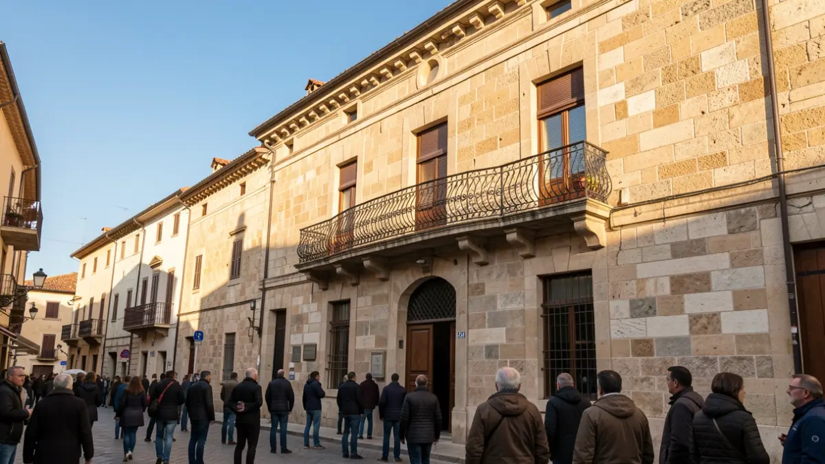 Façana de pedra de l'ajuntament amb balcó ornamentat sota la llum del sol.