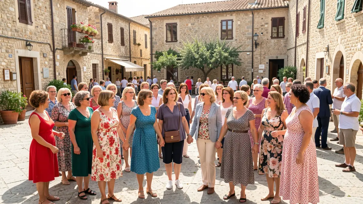 Generic image of women celebrating Women's Week in a Mediterranean town square.
