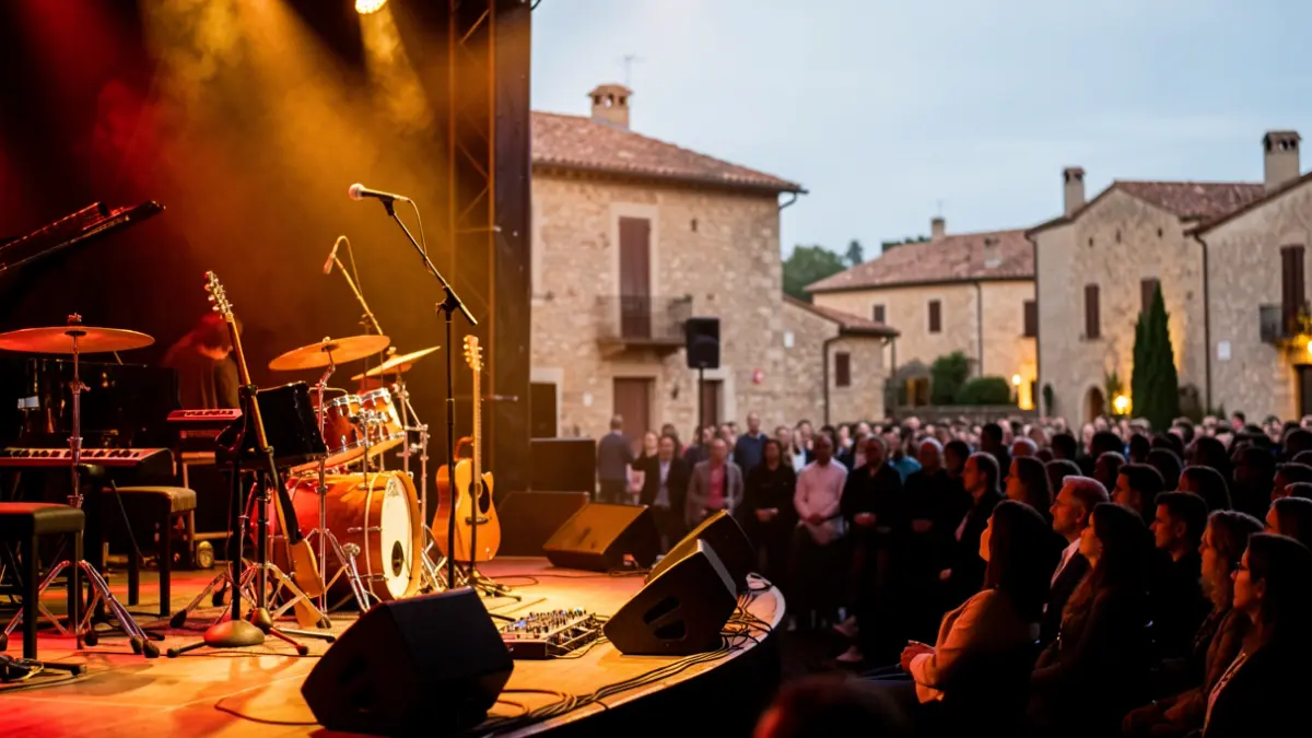 Imagen genérica de un escenario con instrumentos musicales y micrófono, con público borroso al fondo.