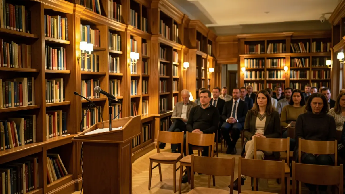 Interior de una biblioteca con estanterías de madera y un micrófono en un atril, ambiente cálido de lectura.