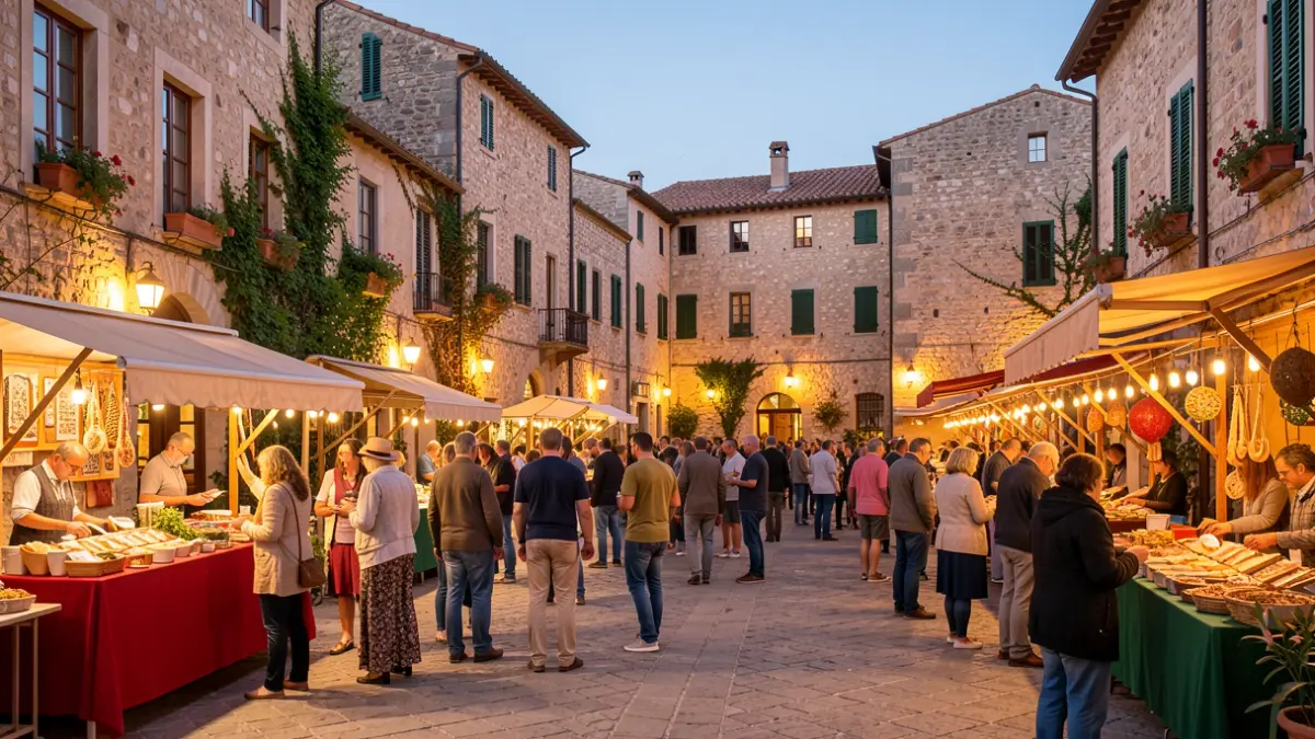 Imagen genérica de una plaza de pueblo valenciano durante una fiesta, con puestos y gente disfrutando del ambiente nocturno.