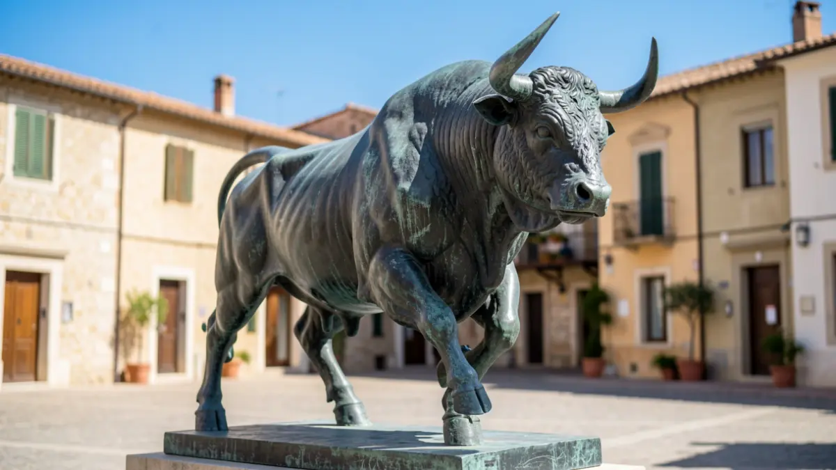 Generic image of a bull sculpture in a Mediterranean town square.