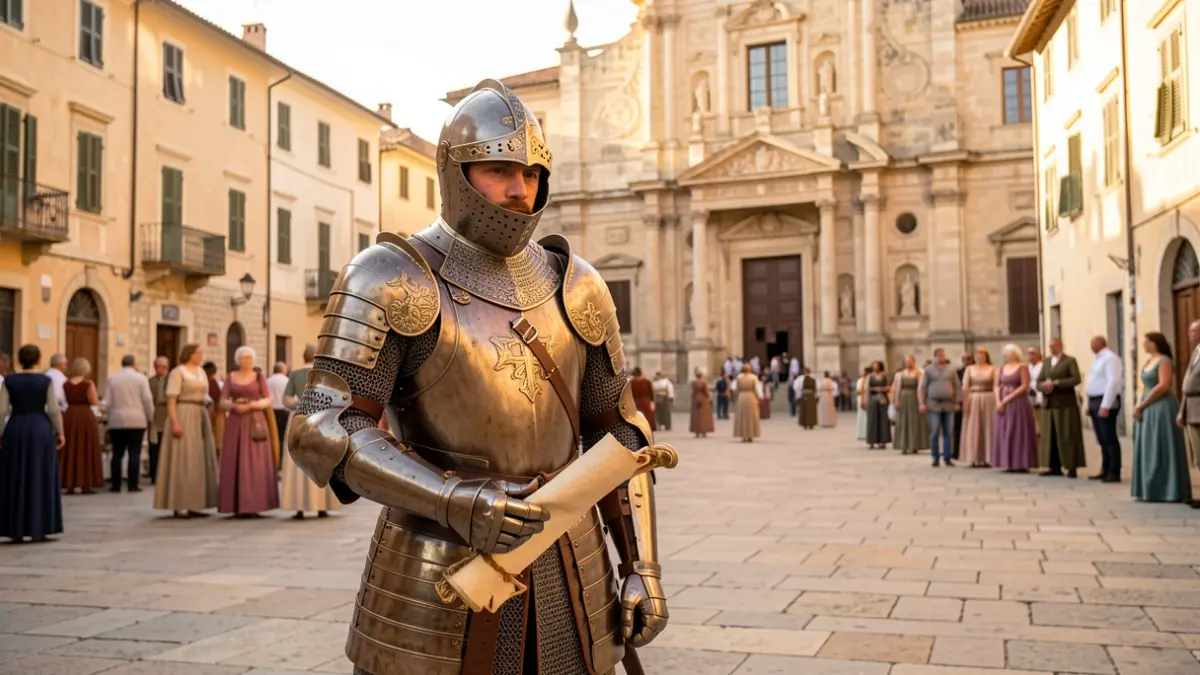 Imatge genèrica d'un cavaller medieval davant d'un ajuntament històric.