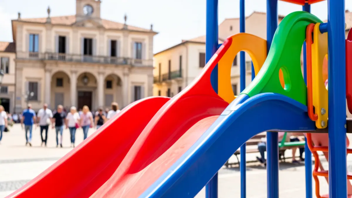 Imatge genèrica d'un parc infantil amb un edifici municipal al fons.