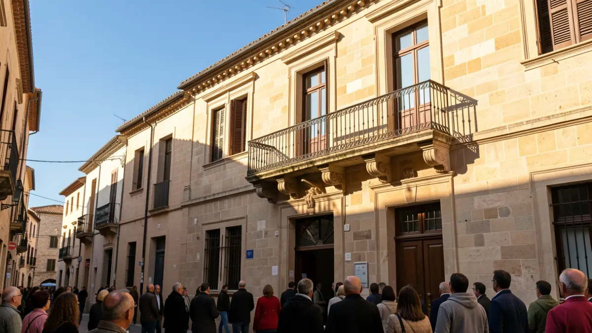 Imagen genérica de la fachada de un ayuntamiento mediterráneo con balcón y barandillas de hierro, iluminado por la luz del sol de la tarde.