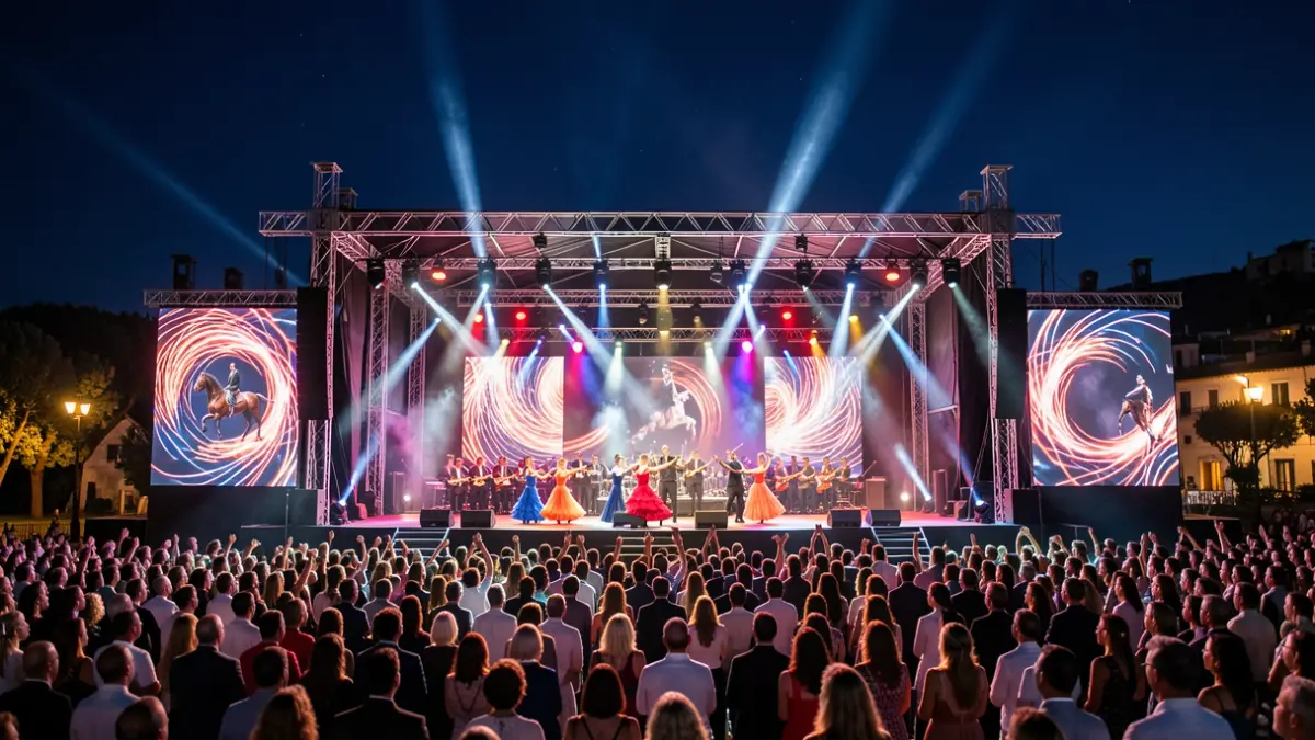 Imatge genèrica d'un gran espectacle nocturn a l'aire lliure amb llums i públic.