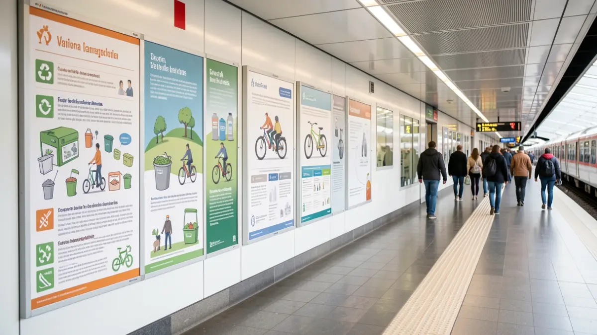 Generic image of a metro station with informational posters about waste and sustainable mobility.