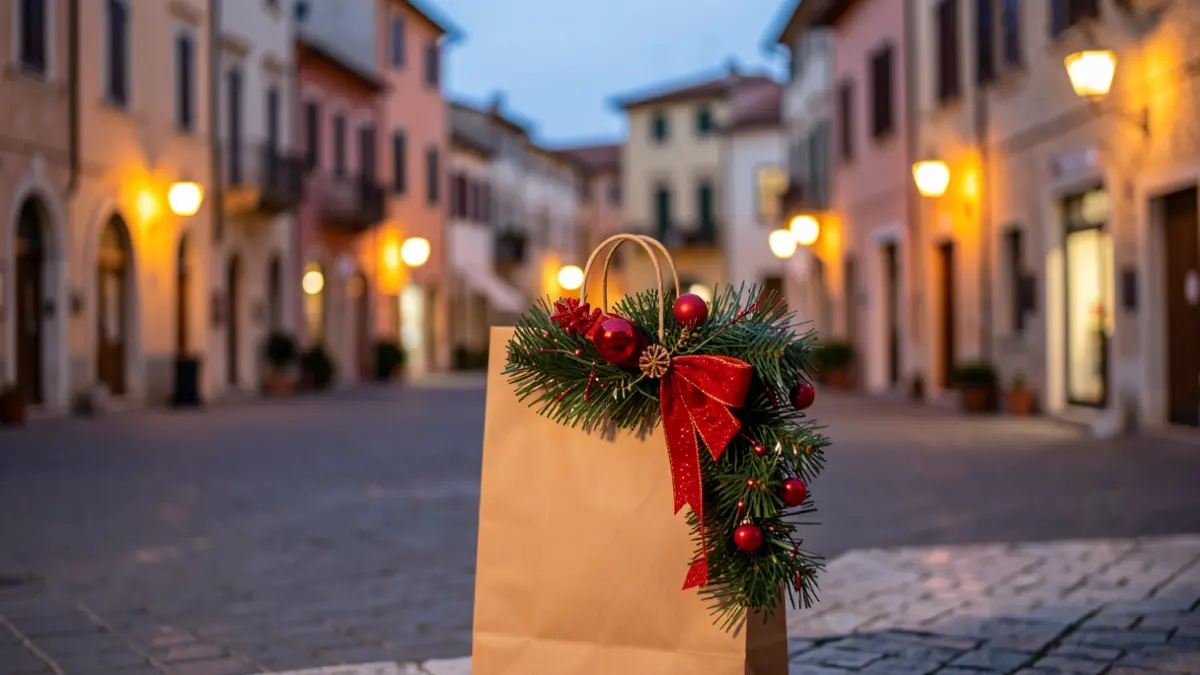 Imatge genèrica d'un val de compra amb decoració nadalenca i un fons de plaça de poble mediterrani.