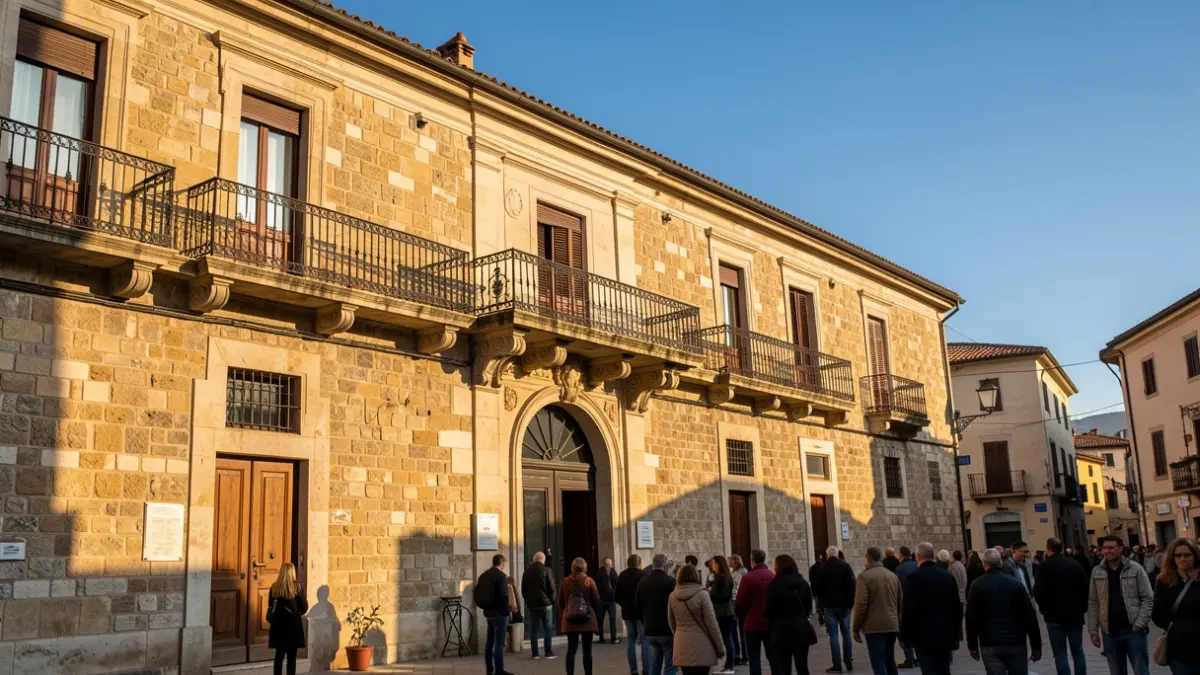 Imatge genèrica de la façana d'un ajuntament mediterrani amb balcó i baranes de ferro, il·luminat per la llum del sol de la vesprada.