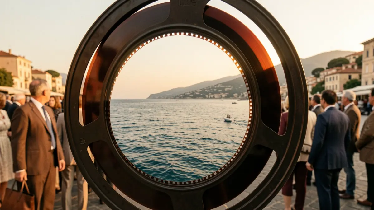 Generic image of an old film reel with the Mediterranean Sea in the background.