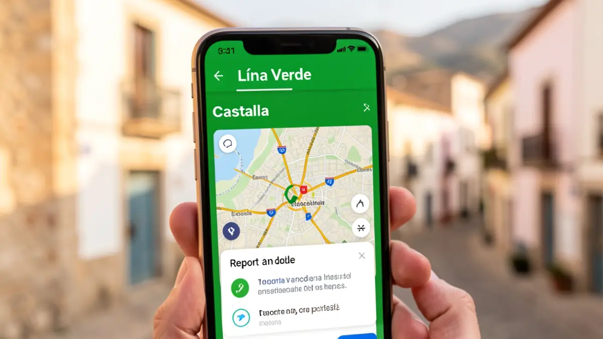 Imagen de la aplicación 'Línea Verde' en un teléfono móvil, mostrando un mapa de Castalla para comunicar incidencias.