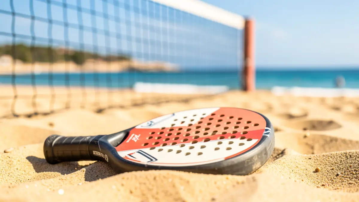 Imatge genèrica d'una raqueta de tenis platja sobre la sorra amb la xarxa desenfocada al fons.