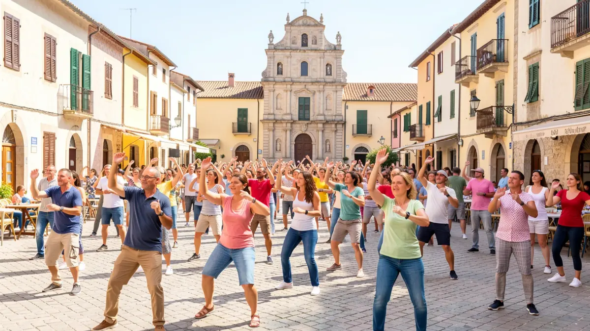 Generic image of a Mediterranean town square filled with people participating in an outdoor zumba class.