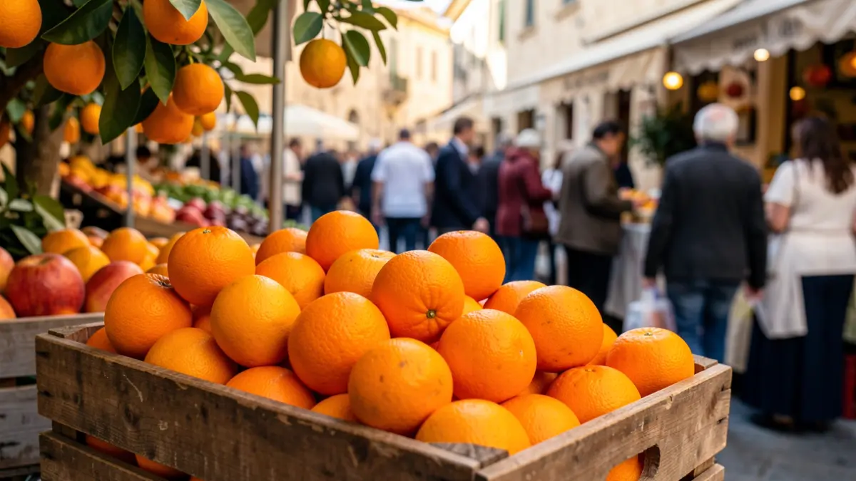 Imagen de naranjas y mandarinas en un mercado local.