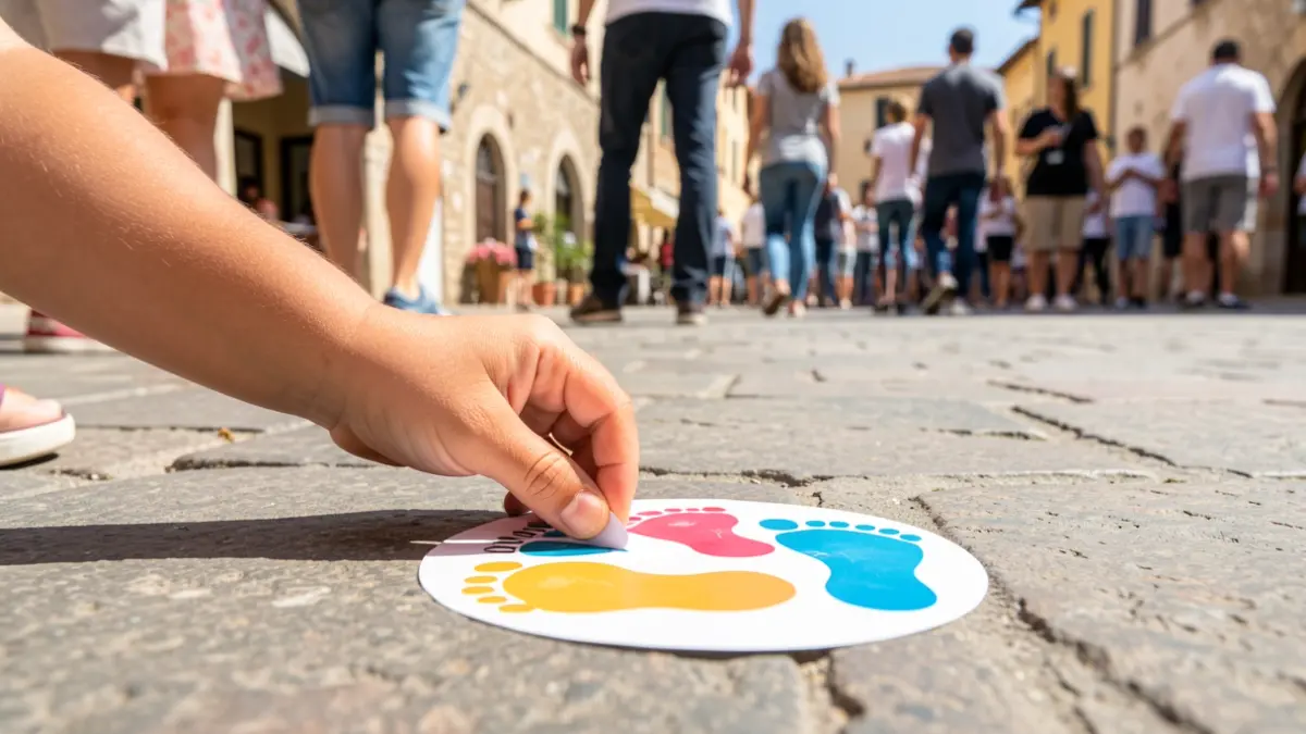 Imatge genèrica d'una mà infantil col·locant una petjada de camí escolar.
