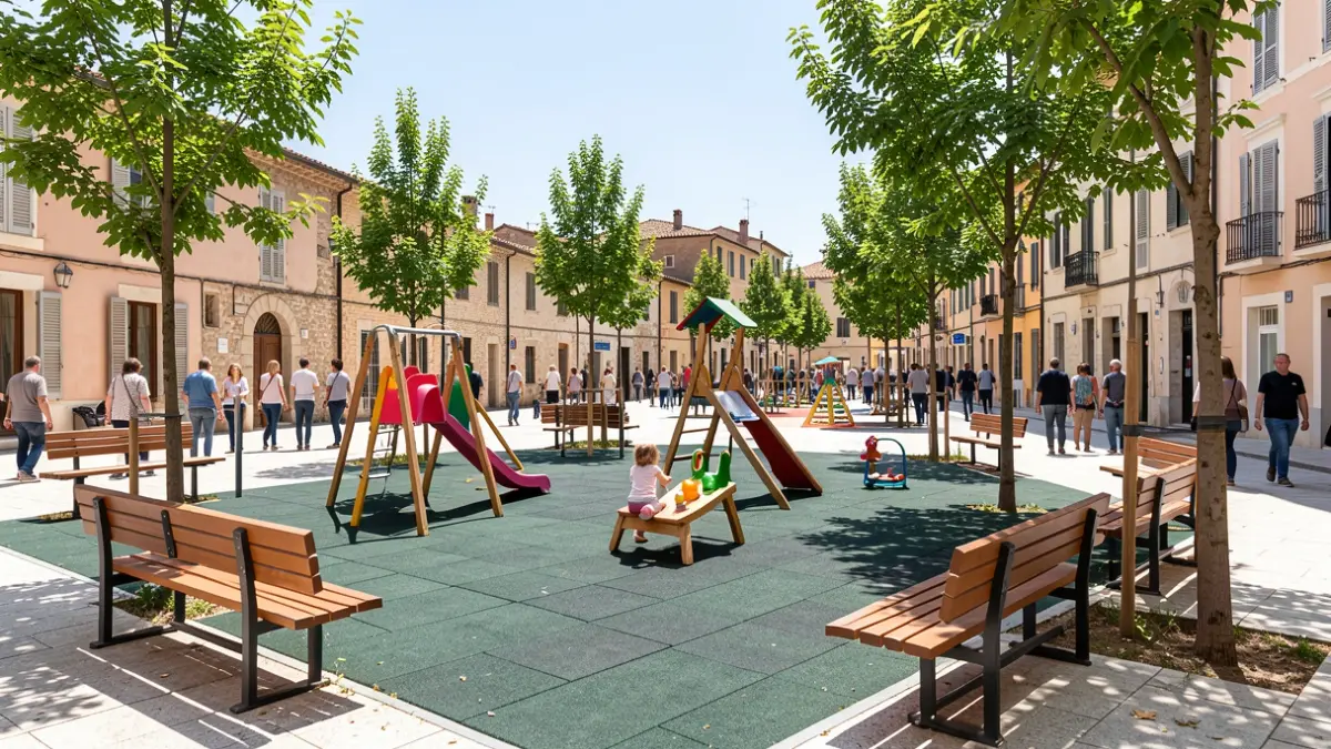 Vista del parc remodelat de la Plaça d'Espanya a Catadau amb noves instal·lacions infantils.