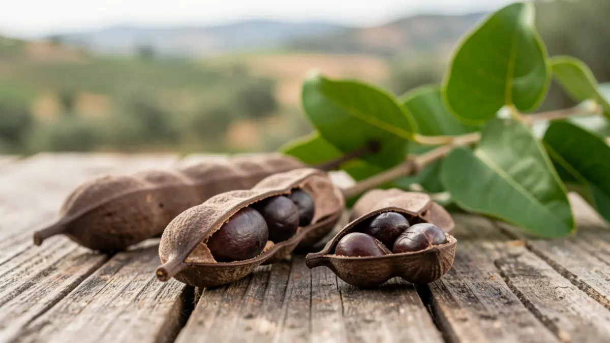 Generic image of carob pods and seeds on rustic wood.