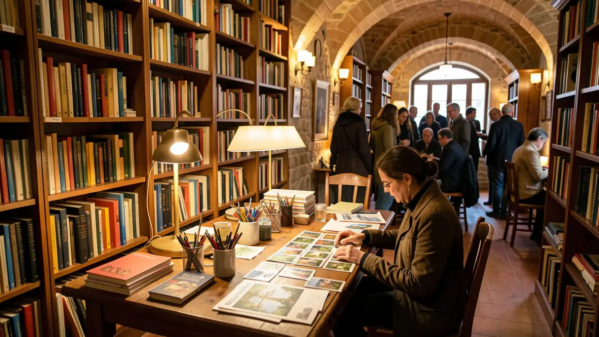 Image of a family activity in a library, with books and materials for making postcards.