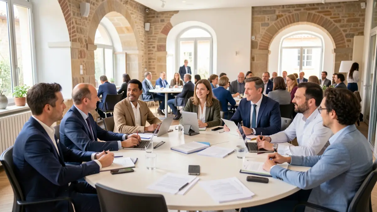 Generic image of a business workshop with participants and a facilitator in a Mediterranean setting.