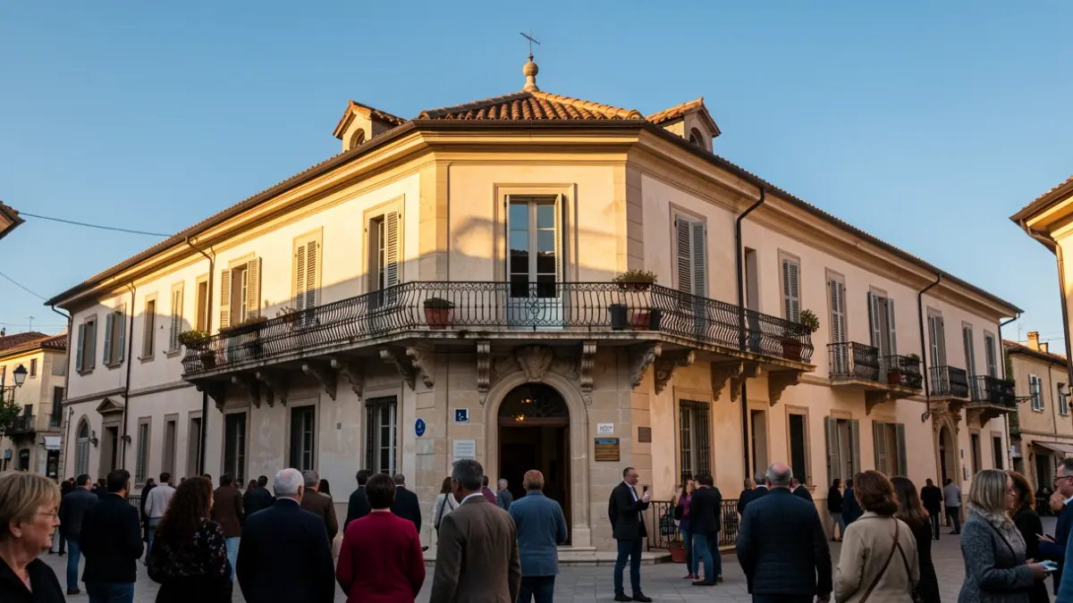 Imagen genérica de un edificio municipal con balcón y cielo azul.