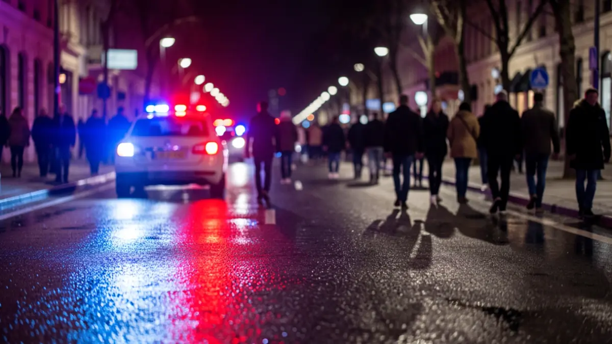 Generic image of police emergency lights reflecting on wet asphalt.
