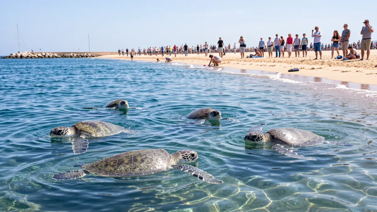 Five loggerhead sea turtles swimming in Mediterranean waters near the coast of El Campello.