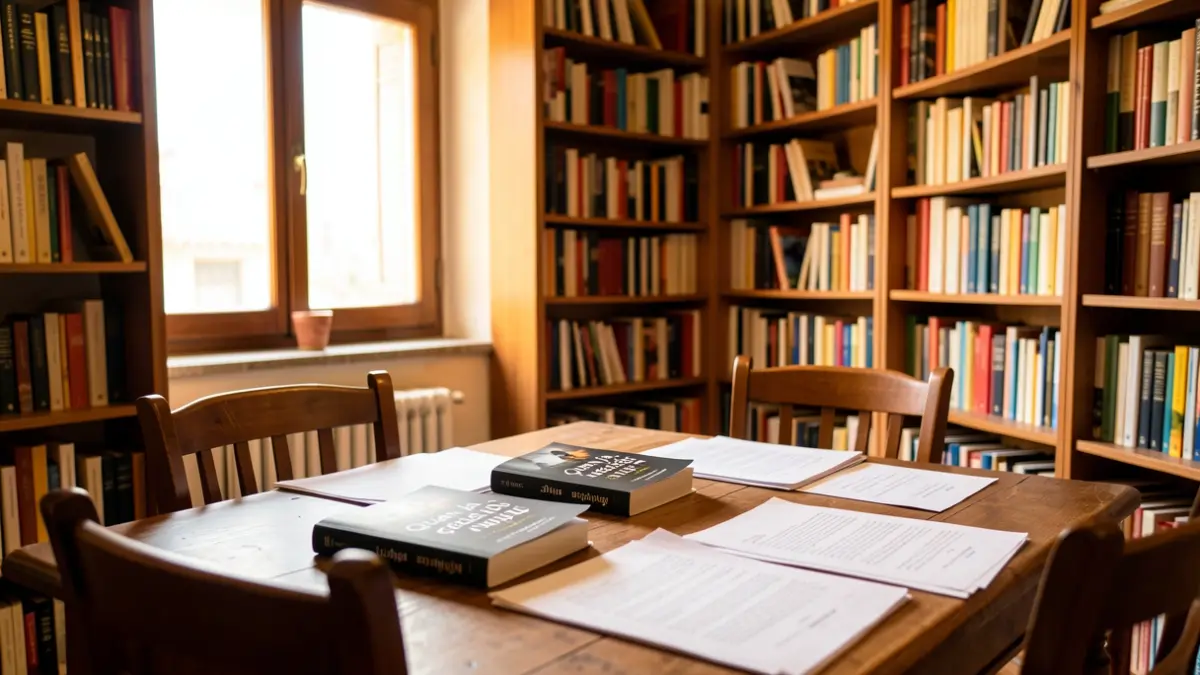 Imatge genèrica d'una sala de biblioteca amb llibres i una taula preparada per a un club de lectura.