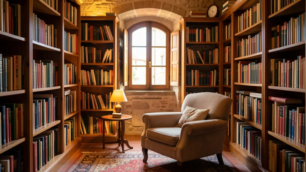 Generic image of a library reading room with shelves full of books.