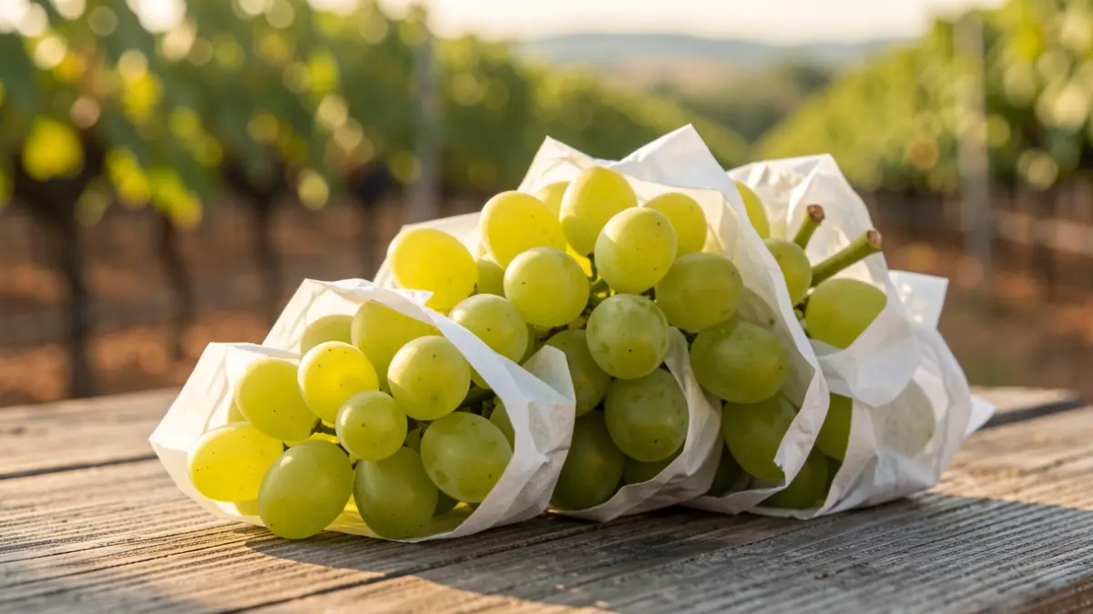 Generic image of green grapes individually wrapped in white paper, representing the Vinalopó Bagged Table Grape.