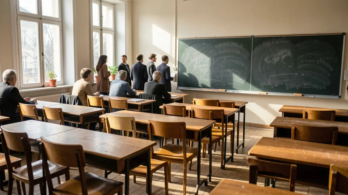Generic image of an empty classroom with sunlight streaming through the window.