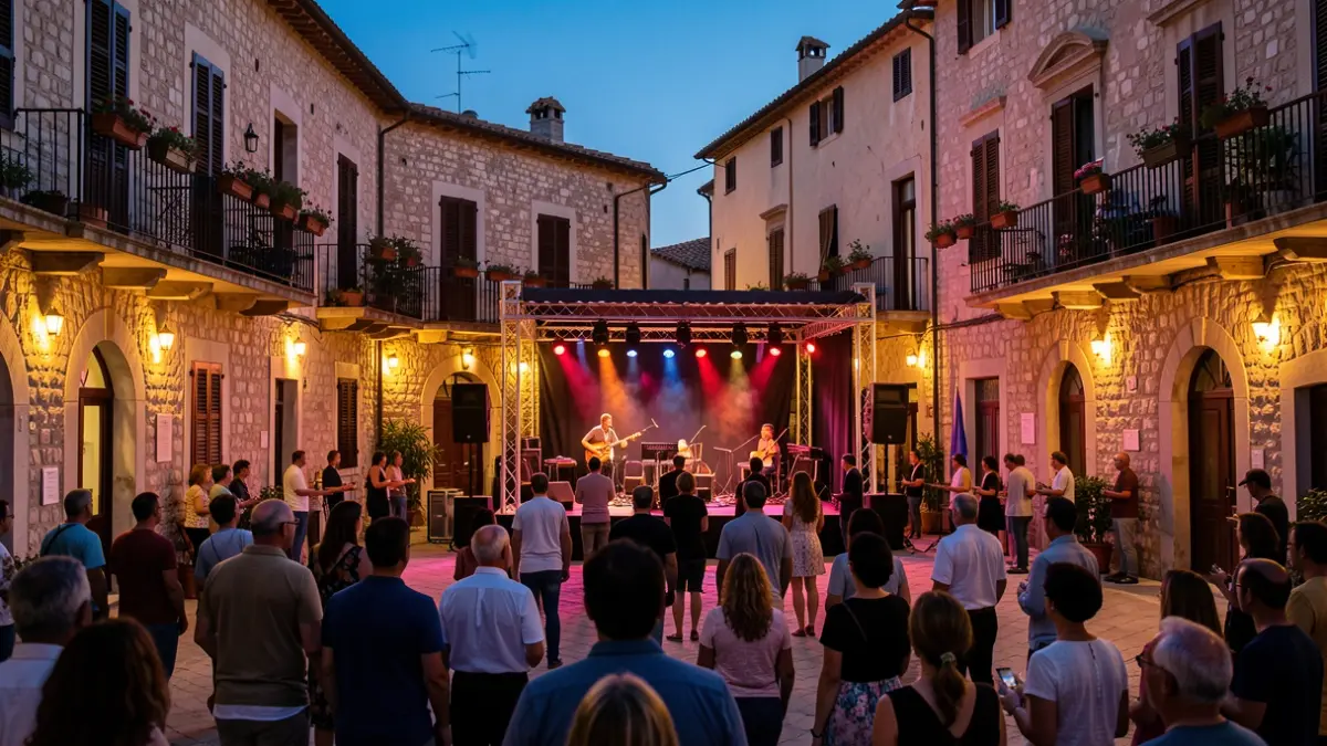 Imatge genèrica d'una plaça mediterrània il·luminada al vespre, amb un escenari preparat per a un concert.