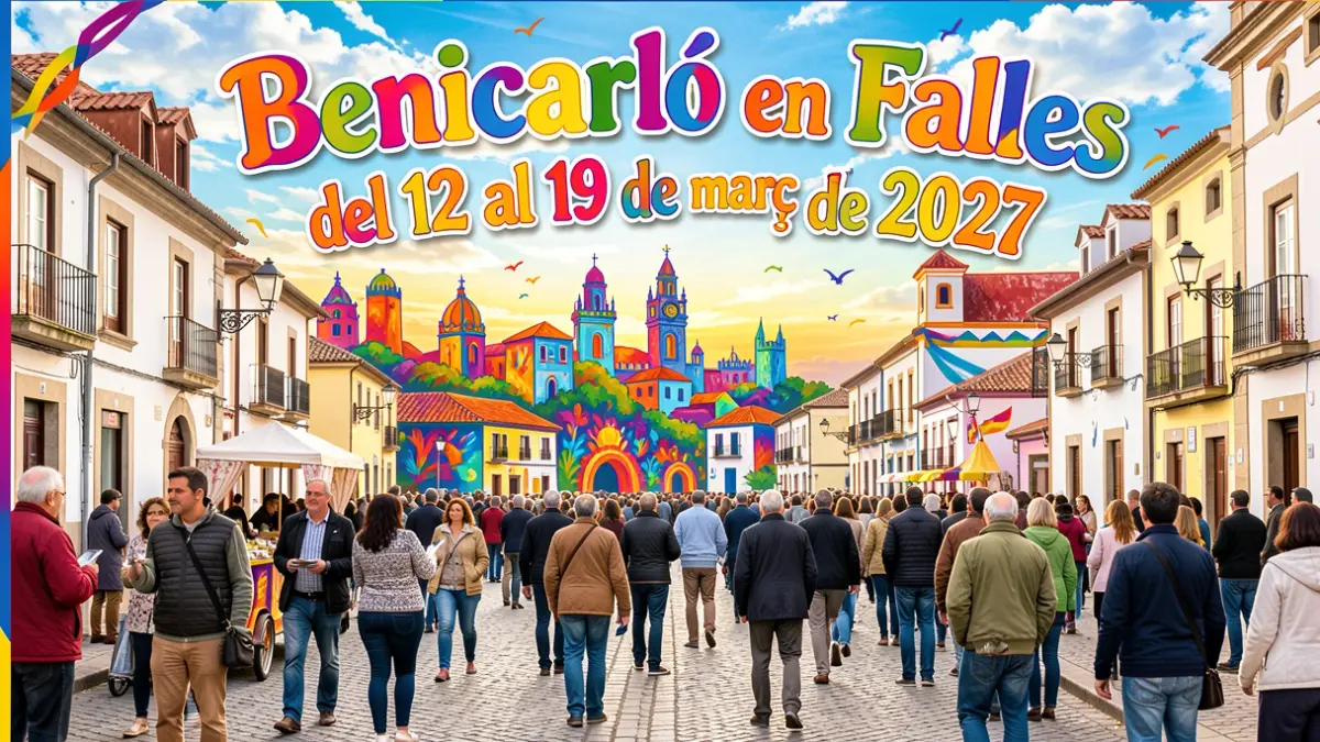Cartell anunciador de les festes de Sant Josep de Benicarló, amb elements representatius i la inscripció obligatòria.