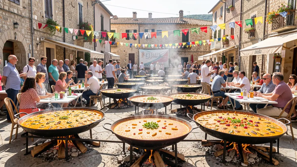 Generic image of a paella contest with participants and tables in a public space.