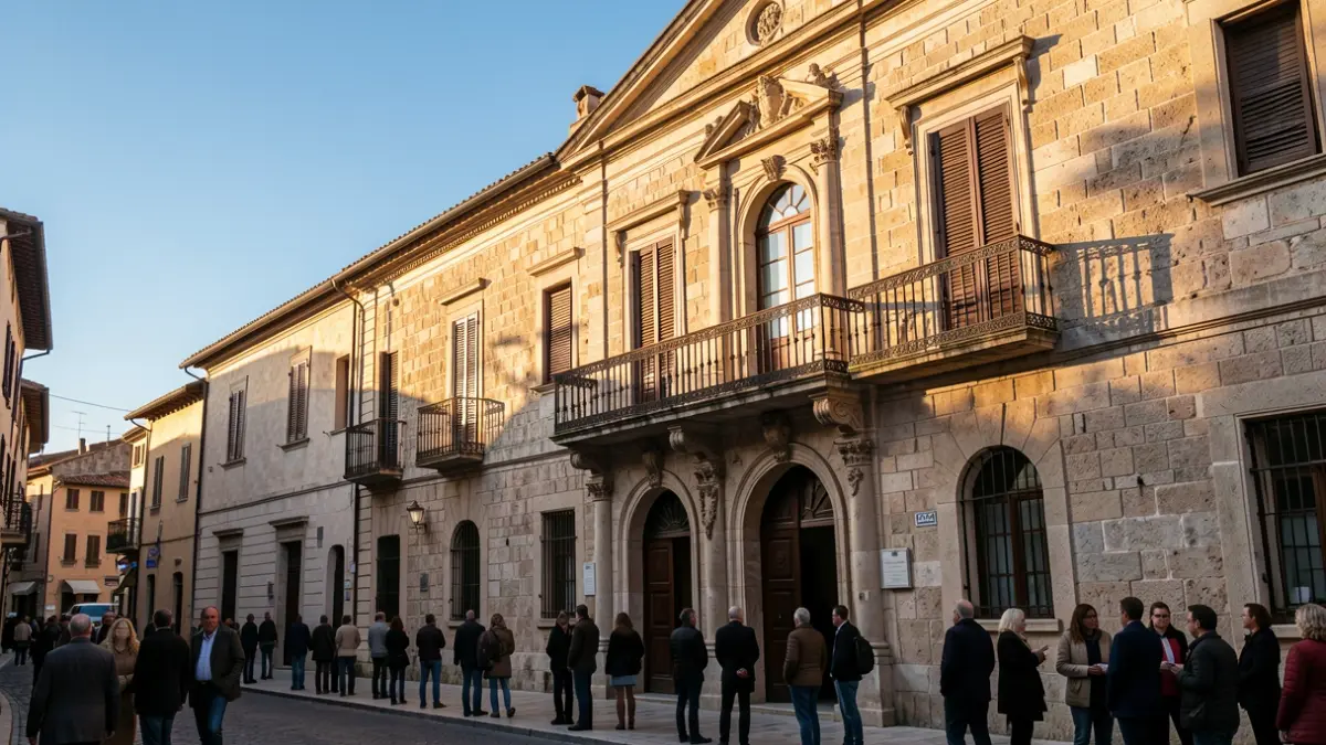 Generic image of a municipal building with a balcony and stone facade.